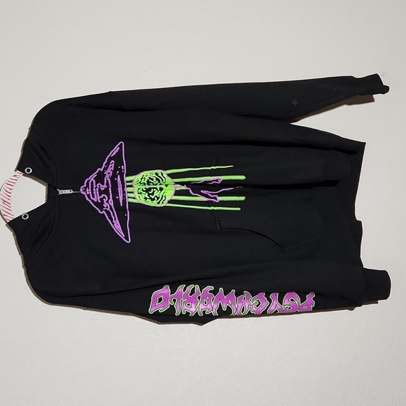 Psychworld UFO Hoodie Mens Size L Jacket NO Hood String Black Green - Picture 1 of 8